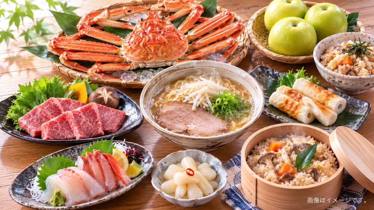 松葉がにや梨、牛骨ラーメンなど鳥取を代表する名物が並ぶ食卓