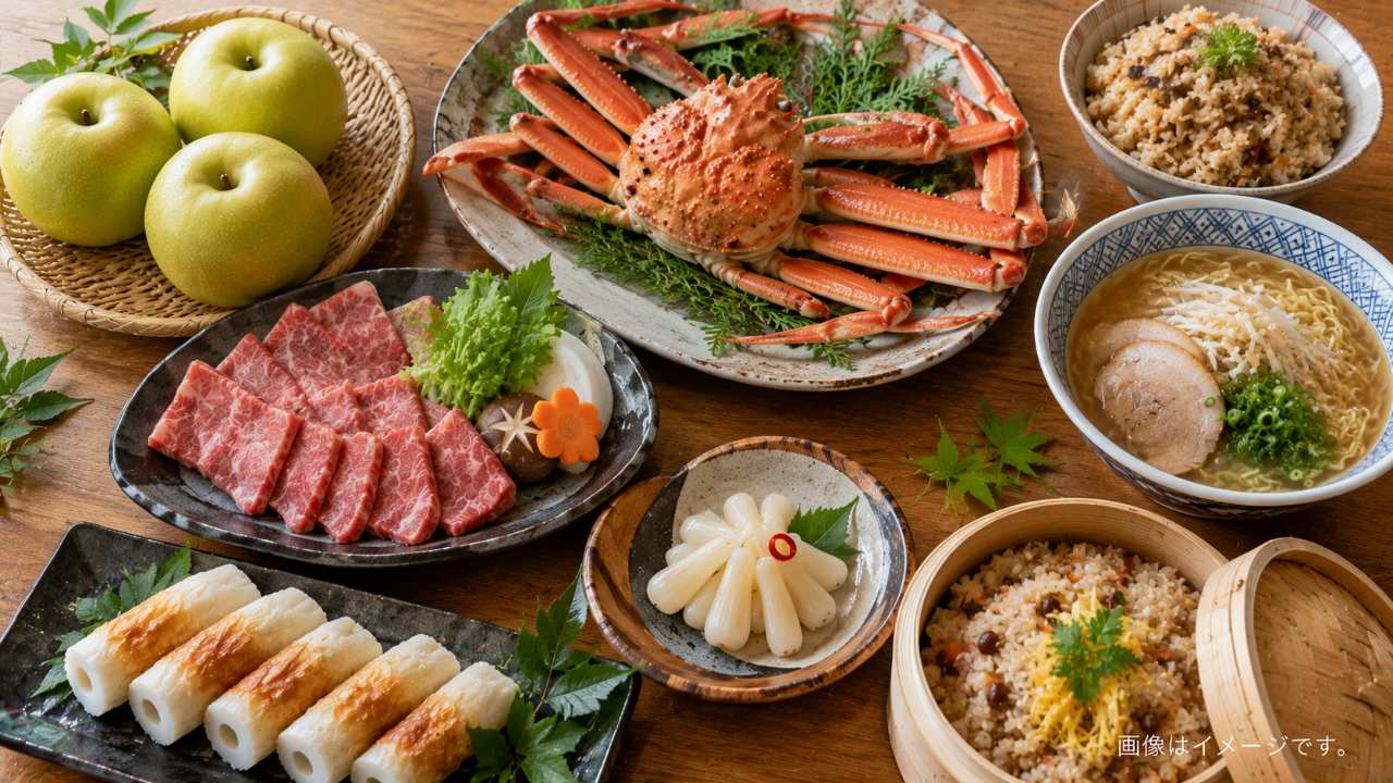 松葉がに、二十世紀梨、牛骨ラーメンなど鳥取県の代表的な食べ物を一卓に並べた構図