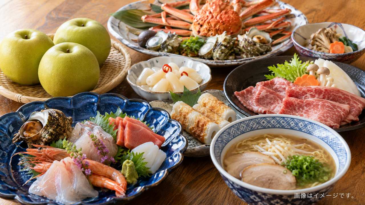 鳥取の海の幸や梨、牛骨ラーメンなど代表的な名物を食卓に並べた旅グルメのイメージ