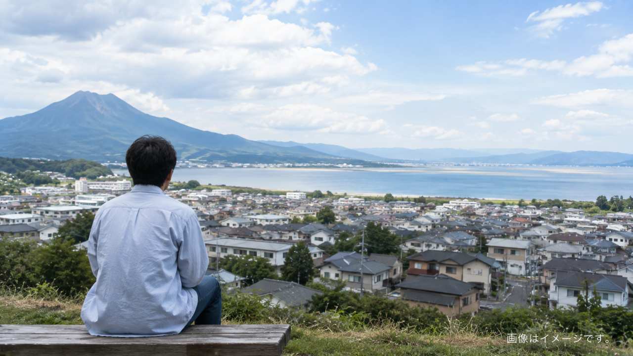 鳥取の自然と市街地を背景に移住後の暮らしを考える人物