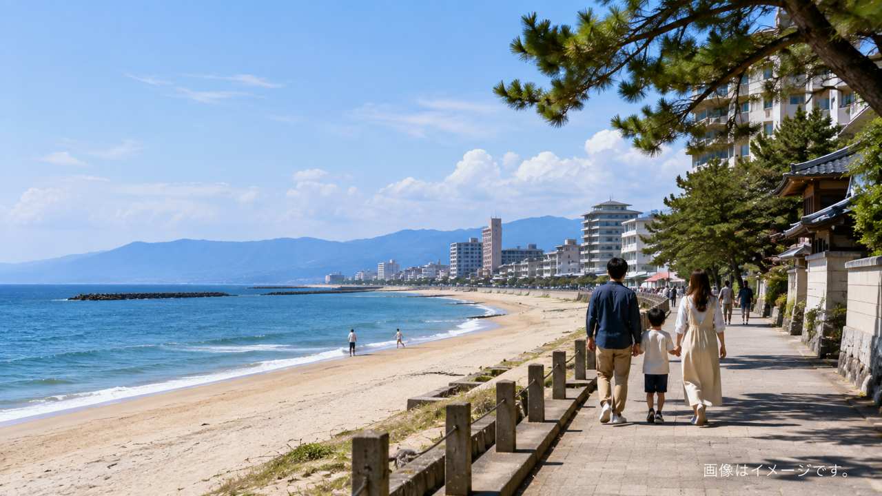 米子城跡の石垣越しに米子市街と大山を望み、海辺や温泉を連想できる開放的な米子観光の風景