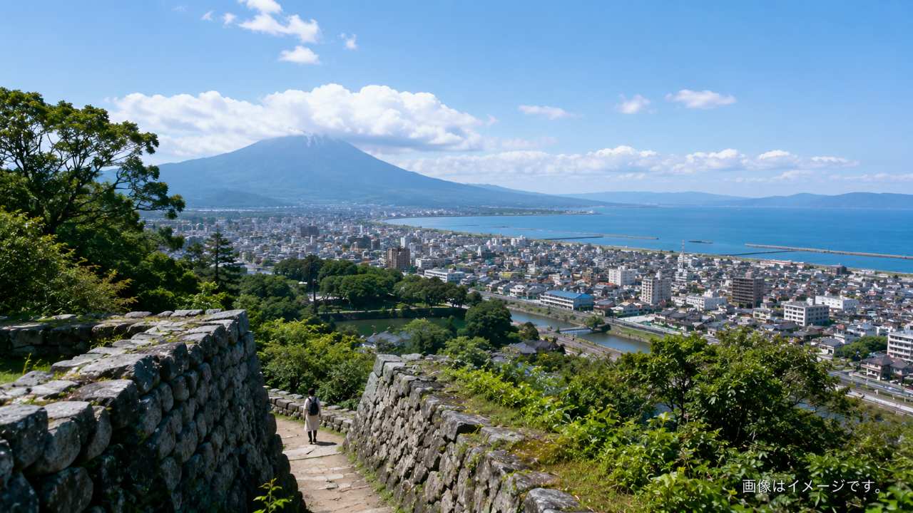 米子城跡の石垣と市街地、大山を見渡す高台の風景
