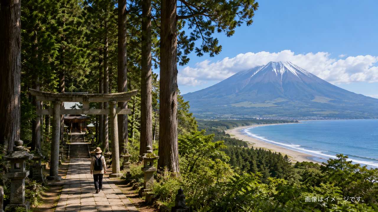 霊峰大山と鳥取の神社参道を背景に、海と山の自然を組み合わせた開運旅の風景