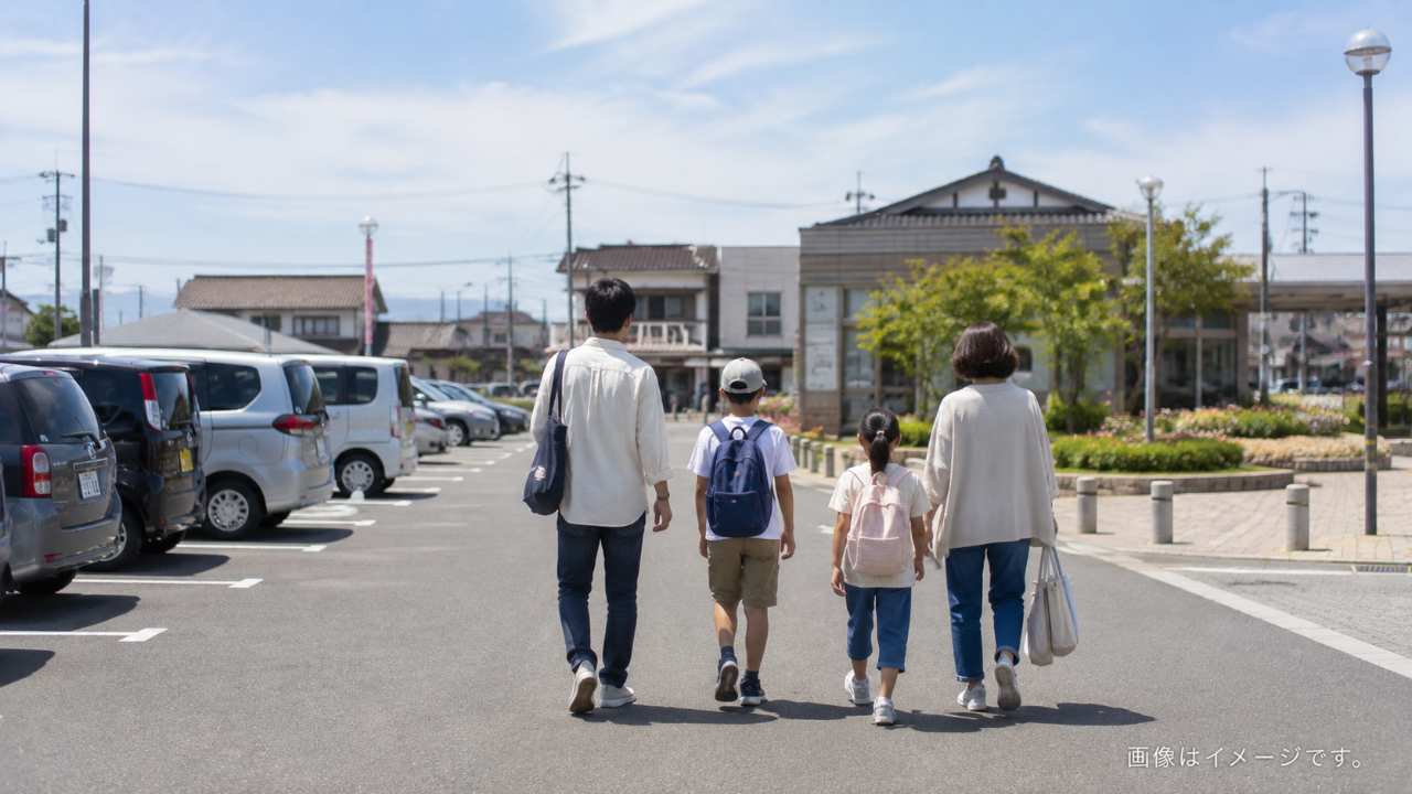 鳥取砂丘と大型遊具を背景に家族が休日を楽しむ鳥取の遊び場イメージ