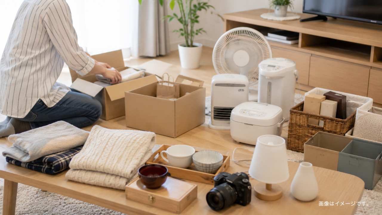 鳥取市の住宅で家具や家電を整理しながら買取査定を検討している様子