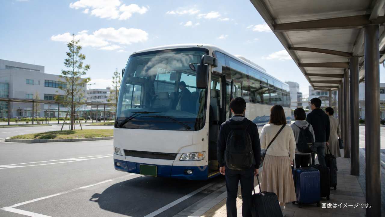 鳥取駅前を出発する高速バスと大阪方面への移動を示すバスターミナル