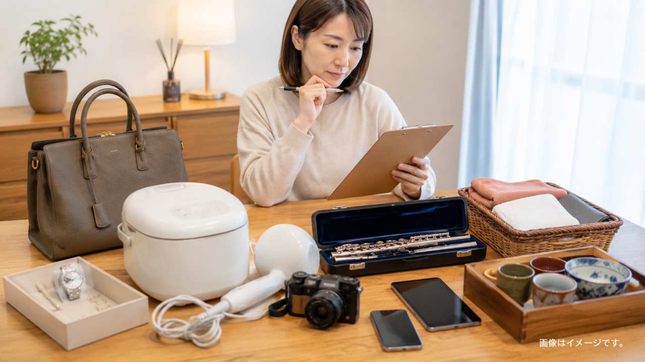 鳥取市で買取店を比較する人とブランド品・家電・家具が並ぶ明るい査定カウンター