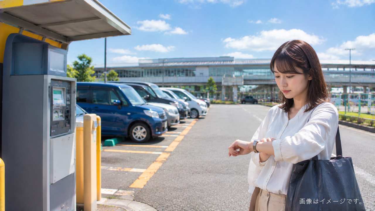 智頭駅周辺の駐車候補を地図と駅舎を見ながら確認する様子